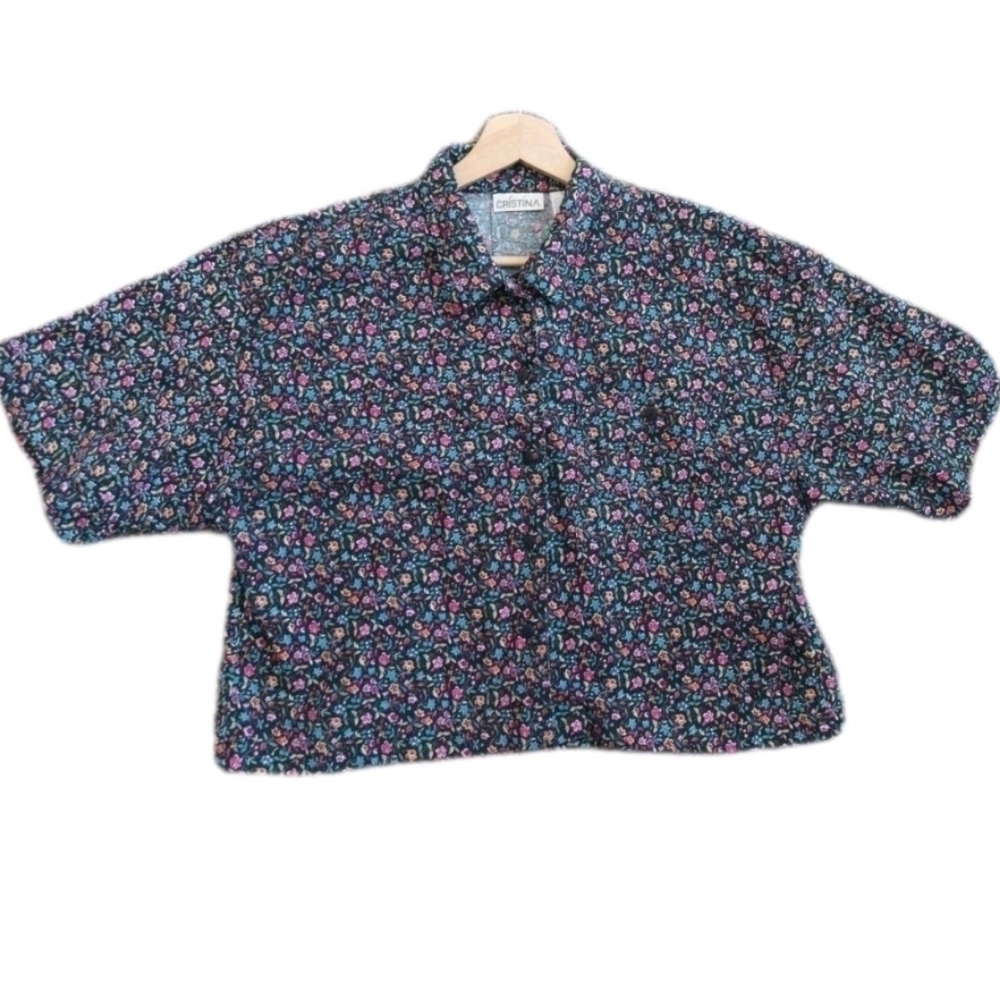 Vintage Floral Button Up Shirt Fairy Grunge Retro Cottagecore Black Multi L